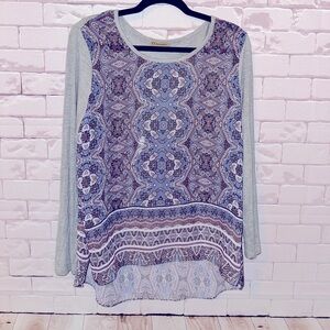 Democracy Patterned Long Sleeve Top Sheer Size Medium Spring Summer Lightweight